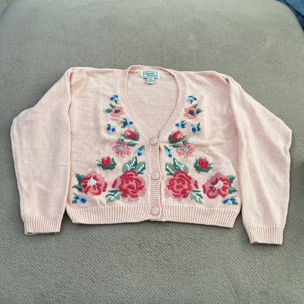 Vintage 1990s Herald House Pink Floral Cardigan Sweater Womens Medium